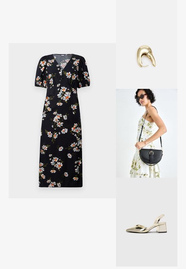 Černé midi šaty s bílou a oranžovou potiskem sedmikrásek, V-výstřihem, krátkými nadýchanými rukávy a detailem knoflíků na hrudi.; Kovové zlaté pantofle na podpatku s špičatou špičkou a masivním podpatkem. Hladký povrch, minimalisticý design a úzký pásek.; Černá kožená kabelka s křivkovým tvarem, odnímatelným popruhem a zlatými detaily. Kabelka má klopu s přezkou.; Náušnice ve zlatém tónu z kovu s elegantním zakřiveným designem. Vyznačují se jedinečným špičatým tvarem, lesklým povrchem a závěsem na kloub.