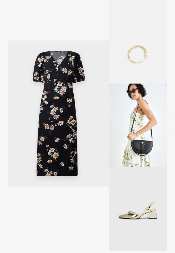 Czarna midi sukienka z białym i pomarańczowym nadrukiem stokrotek, dekoltem w serek, krótki puffowanym rękawem i guzikiem na klatce piersiowej.; Złote, metaliczne szpilki z boku z wydłużonym noskiem i grubym obcasem. Gładka faktura, minimalistyczny design i wąski pasek.; Czarna skórzana torebka o zakrzywionym kształcie, z odpinanym paskiem i złotymi akcentami. Torebka posiada klapę z zapięciem w kształcie klamry.; Pierścionek w odcieniu złota z organicznym, skręconym wzorem, o gładkiej fakturze i zwężających się końcach, tworzący nowoczesny, rzeźbiarski wygląd.