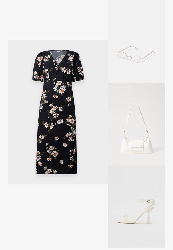 Fekete midi ruha fehér és narancssárga margaréta mintával, V-nyakkivágással, puffos rövid ujjakkal és gombos részletekkel a mellrészen.; Fehér bőr, pántos, magas sarkú szandál, letisztult limezéssel, átlátszó blokk sarkakkal és díszítő elemmel a lábujjaknál.; Aranyszínű fém szemüveg ovális lencsékkel, vékony szárakkal és áttetsző orrbetétekkel. Finom zsanér díszítések jellemzik, és átlátszó lencsékkel rendelkezik.; Fehér szintetikus kézitáska, háromszög alakú, lapos előlap, masni részlettel, állítható pánttal, sima textúrával és minimalista dizájnnal.