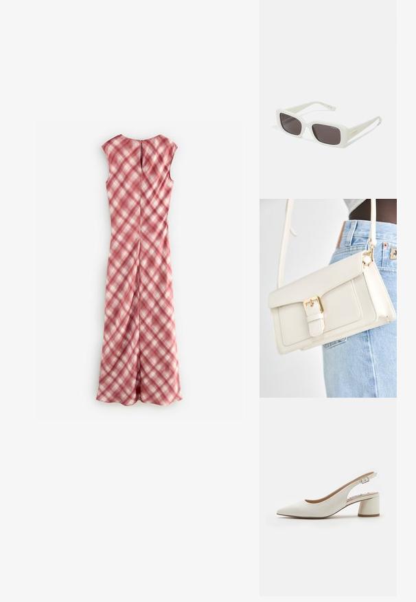 Bezramienna sukienka w kolorze różowym w kratę, wykonana z lekkiego materiału. Posiada otwór w plecach i prostą sylwetkę.; Białe skórzane czółenka na pielęgnaczce z ostro zakończonym noskiem, średniej wysokości słupkiem i regulowanym paskiem. Gładka faktura; minimalistyczny design.; VOGUE Eyewear - Okulary przeciwsłoneczne; Biała torebka z faux skórki z klapą, złotymi akcentami oraz odpinanym paskiem na ramię. Wyposażona w zapięcie na klamrę i gładką teksturę.