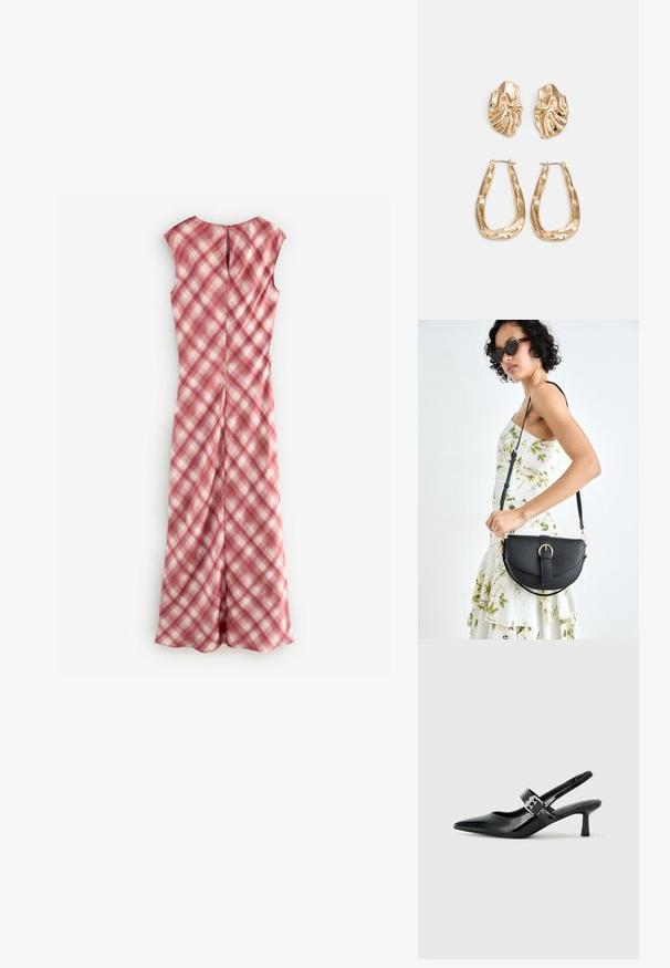 Robe sans manches en rose avec un motif à carreaux, fabriquée en tissu léger. Présente un dos avec une ouverture en forme de clé et une silhouette droite.; Escarpins slingback en cuir verni noir avec un bout pointu et un petit talon bloc, mettant en avant un accent en boucle argentée sur la sangle.; Sac à main en cuir noir avec une forme courbée, bandoulière amovible et des accessoires en or. Le sac est doté d'un rabat avec un détail de boucle.; Boucles d'oreilles dorées présentant des formes texturées et ondulées. Comprend des clips sculpturaux et un design de créoles ouvertes avec une finition martelée.