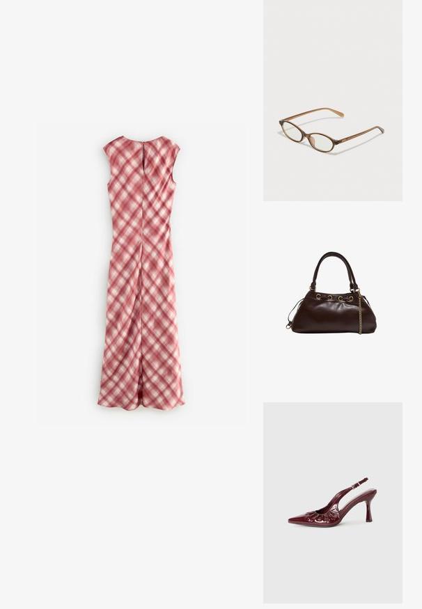 Bezramienna sukienka w kolorze różowym w kratę, wykonana z lekkiego materiału. Posiada otwór w plecach i prostą sylwetkę.; Burgundowe, lakierowane czółenka na obcasie z odkrytą piętą, z ostrym noskiem i falbaniastymi detalami, wyposażone w smukły obcas oraz regulowany pasek na kostkę.; Brązowe okulary w motyle z owalnymi soczewkami, cienkimi ramionami i przezroczystymi akcentami. Posiadają subtelne logo na zauszniku. Smukły, lekki design.; Ciemnobrązowa skórzana torebka o gładkim wykończeniu, z wyraźnie zdefiniowanym kształtem, złotymi akcentami metalowymi oraz podwójnymi uchwytami z łańcuszkiem.