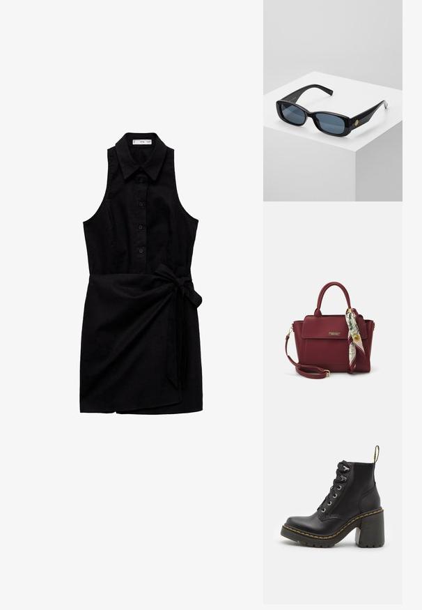 Čierne bezrukávové šaty s golierom, s predným zapínaním na gombíky a bočným viazaním. Vyrobené z hladkej látky s priliehavým strihom.; Čierne kožené členkové topánky s hrubým vysokým podpätkom, šnurovaním vpredu, kovovými očkami a žltým prešívaním pozdĺž podrážky. Štruktúrovaná gumová podrážka.; Čierne obdĺžnikové slnečné okuliare s tónovanými modrými šošovkami, robustným rámom a zlatým kruhovým akcentom po boku. Elegantný, lesklý povrch.; Bordová kabelka vyrobená z umelého materiálu so štruktúrovaným dizajnom, s odnímateľným popruhom a kvetinovou šatkou zviazanou na držadle.