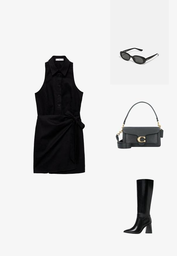Abito nero senza maniche con colletto, chiusura frontale a bottoni e dettaglio con fiocco laterale. Realizzato in un tessuto liscio con una silhouette aderente.; Stivali neri in pelle al ginocchio con punta affilata, texture liscia e tacco robusto scalanato per stabilità. Design elegante con accentuazioni minime.; Occhiali da sole neri con lenti ovali, montatura in plastica lucida e stecche sottili. Presentano il logo Ray-Ban in bianco sul lato.; Borsa a tracolla in pelle nera con accessori in metallo dorato, dotata di una chiusura distintiva, di una tracolla rimovibile e di una superficie texturizzata.
