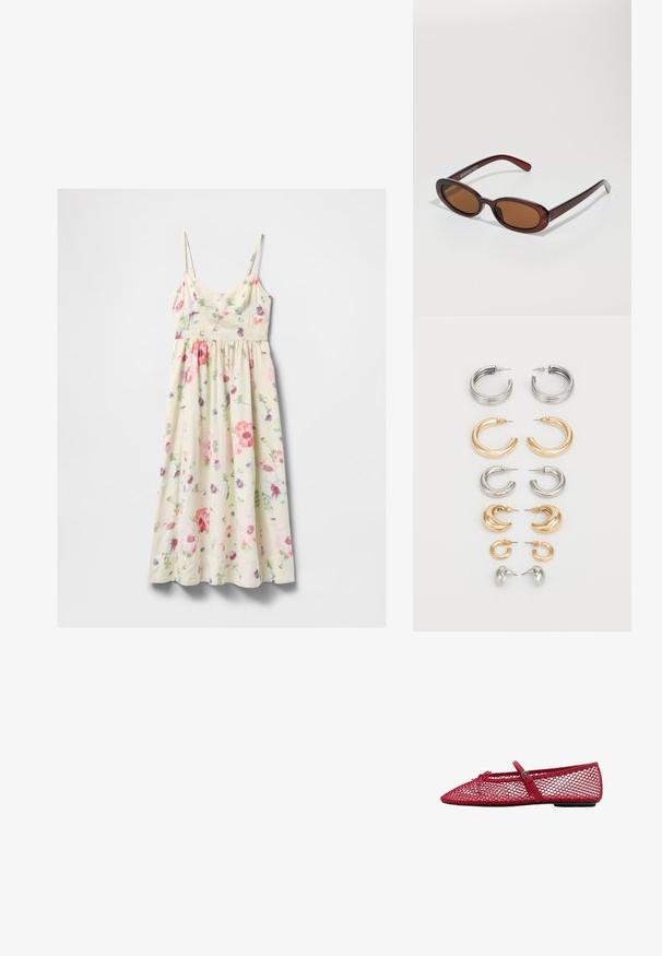 Kremna brezrokavnica midi obleka z rožnatim, rdečim, vijoličnim in zelenim cvetličnim potiskom ter tankimi nastavljivimi naramnicami.; Rde mrežaste balerinke s koničastim prstom, ki imajo tanek trak in podrobnost z zaponko. Zgornji del ima odprt, satasti vzorec.; Okrogle, rjavo obarvane sončne naočare z sijočim burgundskim okvirjem. Tanek nosilec s subtilnim logotipom. Oblika leč je ravna.; Komplet osmih kovinskih uhani v srebrnih in zlatih odtenkih. Vključuje različne obroče, stile, teksture in končne obdelave, razporejene po velikosti.
