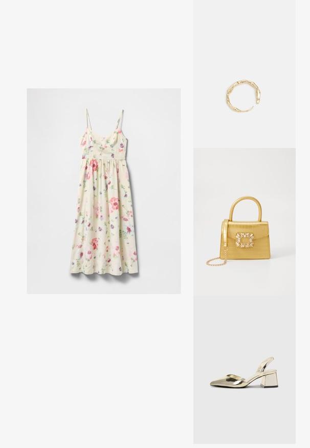 Kremna brezrokavnica midi obleka z rožnatim, rdečim, vijoličnim in zelenim cvetličnim potiskom ter tankimi nastavljivimi naramnicami.; Zlati, kovinski slingback čeveljci z ostrim nosom in masivnim peto. Gladka tekstura, minimalistična zasnova in ozka zanka.; Rumeno usnjeno-usnje z vzorcem krokodila, s strukturiranim dizajnom, zgornjo ročajem, snemljivo verižico in dekorativnim kristalnim okrasjem na zaponki.; Zlati prstan s organskim, zvitim dizajnom, gladko površino in taperiranimi konci, ki ustvarja modernega, skulpturalnega videza.