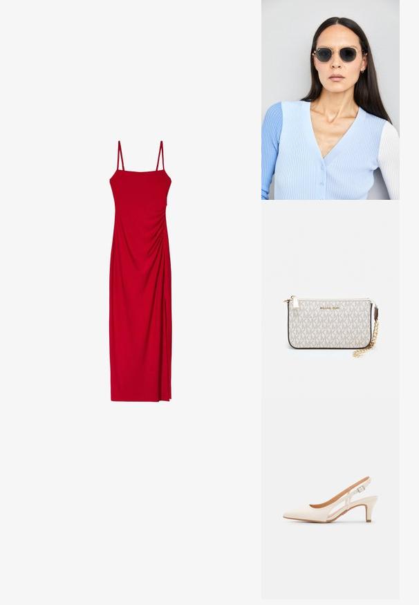 Červené šaty bez rukávov s tenkými ramienkami, ktoré majú priliehavý strih a drapériu na boku pre textúru a vizuálny záujem.; Biele slingback topánky na podpätku s ostrou špičkou, hladkým vrchným materiálom, nízkym blokovým podpätkom a bočným výrezom s nastaviteľným remienkom na pracku.; Okrúhle slnečné okuliare s tmavými šošovkami a zlatým rámom. Modelka má na sebe svetlomodrý pletený kardigán s gombíkmi a bielymi rukávmi v kontraste.; Michael Kors zápästná taška v béžovej potiahnutej plátenej tkanine s opakujúcim sa vzorom loga MK, zlatým kovania a odnímateľným reťazovým popruhom.