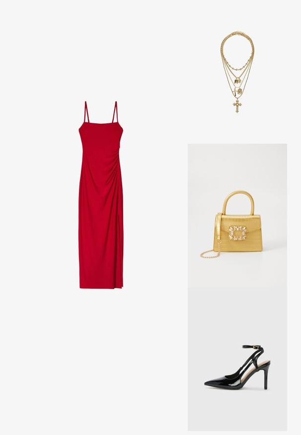 Robe rouge sans manches avec des bretelles spaghetti, présentant une silhouette ajustée et des détails drapés sur le côté pour une texture et un intérêt visuel.; Escarpin en cuir verni noir à talon haut, avec un bout pointu, une bride réglable à la cheville et des côtés ouverts. Texture lisse.; Sac à main en faux crocodile jaune avec un design structuré, une poignée supérieure, une bandoulière en chaîne amovible, et un ornement cristallin décoratif sur le fermoir.; Collier en or à plusieurs couches, présentant des longueurs de chaîne variées, des pendentifs décoratifs incluant des croix et des charms rectangulaires, avec une finition texturée.