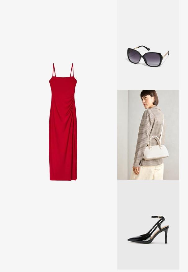 Crvena haljina bez rukava s trakama, koja ima uski kroj i naglašene draperije sa strane za teksturu i vizualni interes.; Crne lakirane kožne cipele na visokom potplatu sa otvorenim petama, špicastim vrhom i podesivim remenom oko gležnja. Glatka tekstura.; Crne prevelike sunčane naočale s gradijentnim lećama, debelim okvirom i zlatnim lancem kao detaljem na krakovima.; Bijela strukturna torba s kratkim ručkama i remenom za rame, s zlatnim metalnim detaljima i teksturiranim materijalom, prikazana na sivoj pozadini.