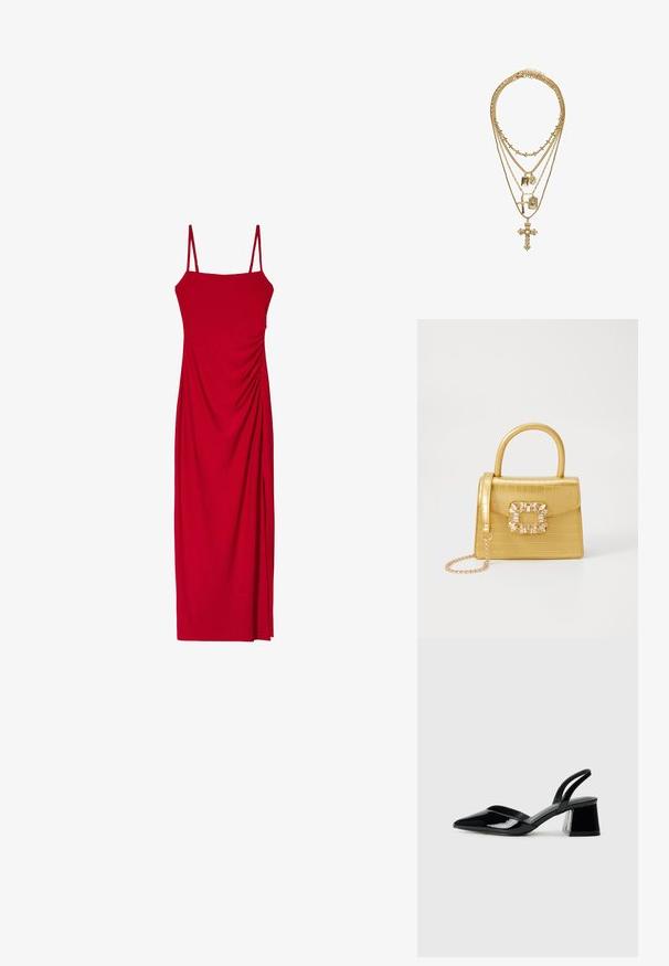 Piros, ujjatlan ruha, spagettipántokkal, amely testhez simuló sziluettel és oldalán redőzött részletekkel rendelkezik a textúra és a vizuális érdekesség érdekében.; Fekete lakk bőr szandálkés magas sarkú cipő, hegyes orral és geometrikus tömbsarkakkal. Karcsú, minimalista dizájn és sima textúra jellemzi.; Sárga műbőr krokodil mintás kézitáska strukturált kialakítással, felső fogantyúval, leválasztható lánccal és díszes kristály díszítéssel a záron.; Arany, többrétegű nyaklánc, amely változó lánc hosszúságokkal rendelkezik, díszes medálokkal, köztük keresztek és téglalap formájú charmok, textúrált felülettel.