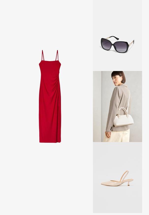Rode mouwloze jurk met spaghettibandjes, met een aansluitende pasvorm en gedrapeerde details aan de zijkant voor textuur en visuele interesse.; Beige patenten leren slingback hakken met een spitse neus en een slanke, vierkante hak. Glad textuur en minimalistisch ontwerp zonder versieringen.; Zwarte oversized zonnebril met gradient glazen, dikke montuur en gouden kettingdetails op de pootjes.; Witte gestructureerde handtas met korte handvatten en een schouderband, voorzien van gouden hardwareaccenten en een textuurmateriaal, tentoongesteld tegen een grijze achtergrond.