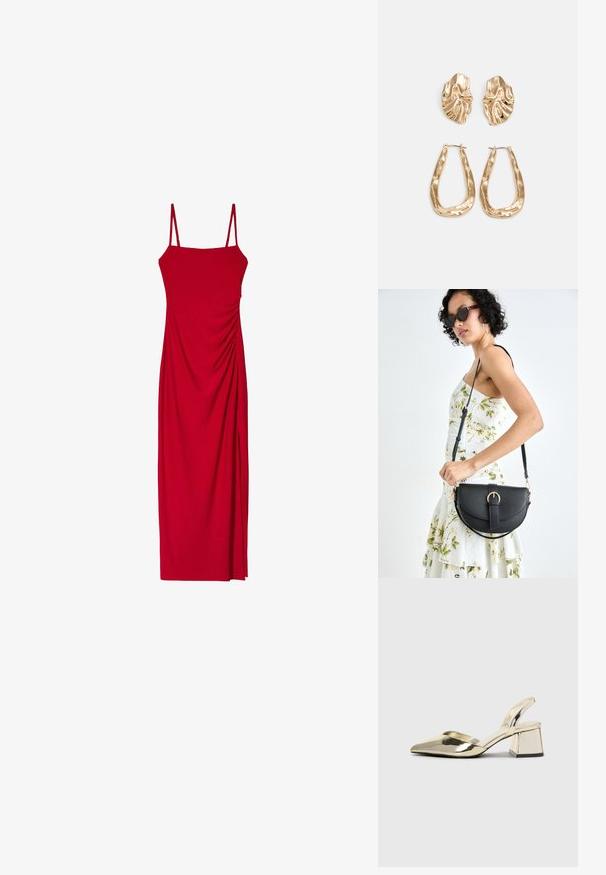 Red sleeveless dress with spaghetti straps, featuring a fitted silhouette and draped detailing on the side for texture and visual interest.; Gold, metallic slingback heels with a pointed toe and chunky heel. Smooth texture, minimalistic design, and a narrow strap.; Black leather handbag with a curved shape, detachable strap, and gold hardware. The bag features a flap with a buckle detail.; Gold-tone earrings featuring textured, wavy shapes. Includes sculptural clip-on studs and open hoop design with a hammered finish.