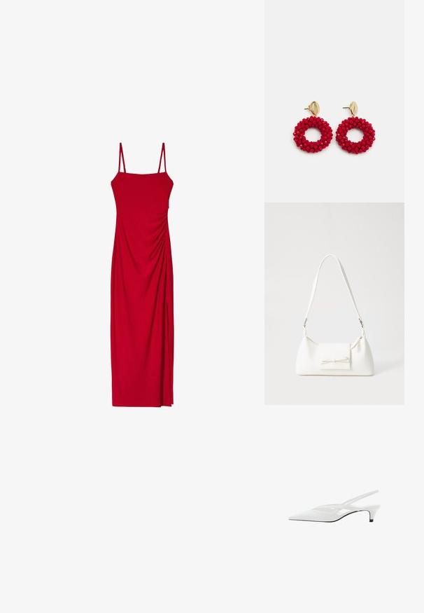 Czerwona sukienka bez rękawów z cienkimi ramiączkami, o dopasowanym kroju i drapowanymi detalami po bokach, które dodają faktury i wizualnego zainteresowania.; Biała szpilka na odkrytej pięcie z ostrym noskiem, charakteryzująca się gładką cholewką, subtelnymi wycięciami i niskim obcasem w kształcie bloku. Czarna podeszwa podkreśla design.; Biała syntetyczna torba o trójkątnym kształcie, płaskim przednim klapce i detalach w postaci kokardy, regulowanym pasku, gładkiej fakturze oraz minimalistycznym designie.; Czerwone kolczyki w kształcie kół z koralików o fakturowanej powierzchni i złotym zapięciu. Okrągły kształt z otwartym wnętrzem i zaokrąglonymi detalami z koralików.