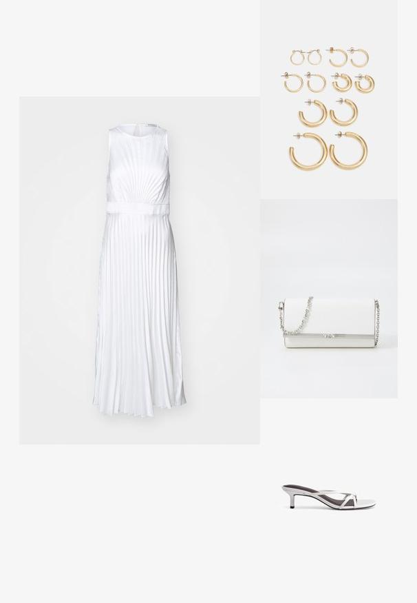 sandro JOLIE - Cocktailkleid/festliches Kleid - ecru; Silberne Sandalen mit hohen Absätzen, einem kreuzenden Riemen-Design, einer glatten Textur und einer spitzen Zehenform. Der Absatz ist etwa fünf Zentimeter hoch.; MICHAEL Michael Kors MONA - Umhängetasche - optic white; Set von goldenen Creolen mit verschiedenen Größen und Designs, darunter kleine, mittlere und große Stile, mit glatten metallischen Oberflächen.