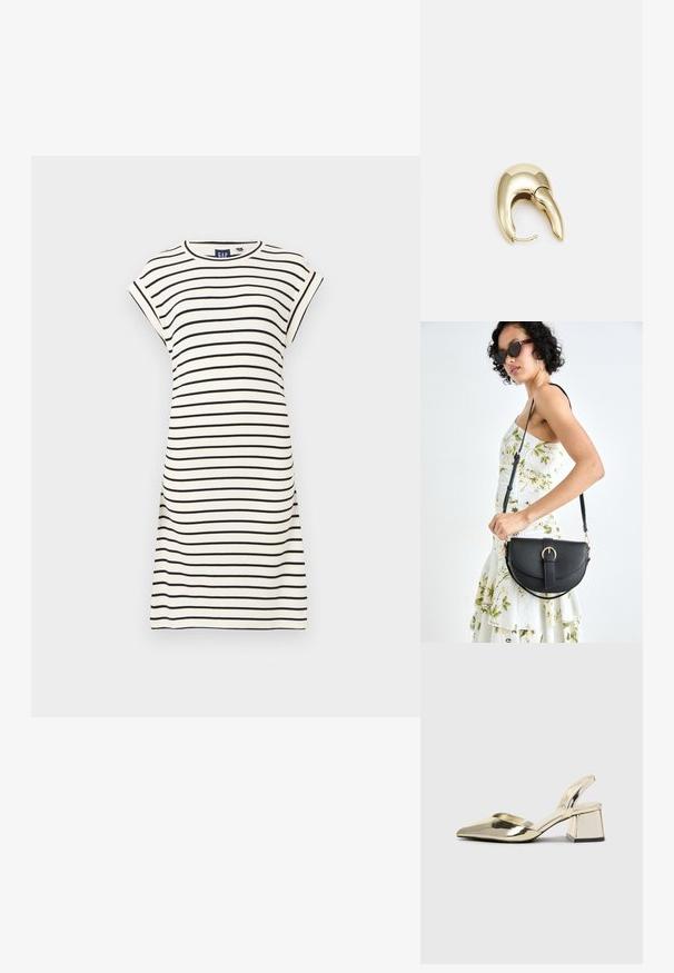 Šaty s krátkymi rukávmi a okrúhlym výstrihom v bielej farbe s čiernymi vodorovnými prúžkami. Bavlnený materiál, voľný strih, dĺžka po kolená. Jednoduché švy.; Zlaté kovové lodičky na podpätku so špicatou špičkou a robustným podpätkom. Hladký povrch, minimalistický dizajn a úzka remienok.; Čierna kožená kabelka s zaobleným tvarom, odnímateľným popruhom a zlatými doplnkami. Kabelka má klopu s detailom s prackou.; Náušnice z kovu v zlatej farbe s elegantným, zakriveným dizajnom. Majú charakteristický špicatý tvar, leštený povrch a uzáver na pánt.