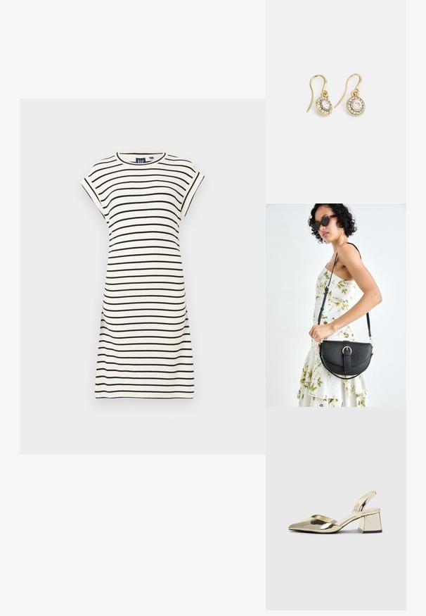 Kratke rokave, obleka s krožnim izrezom v beli barvi z črnimi vodoravnimi črtami. Iz bombaža, sproščen kroj, do kolen. Preprosti šivi.; Zlati, kovinski slingback čeveljci z ostrim nosom in masivnim peto. Gladka tekstura, minimalistična zasnova in ozka zanka.; Črna usnjena torbica s ukrivljeno obliko, z odstranljivo naramnico in zlatimi dodatki. Torbica ima pokrov s podrobnostmi v obliki zaponke.; Zlato obarvani uhani z ovalnimi prozornimi kristali, ki jih obdajajo manjši prozorni kamenčki, s sistemom za oblačenje za varno nošenje.
