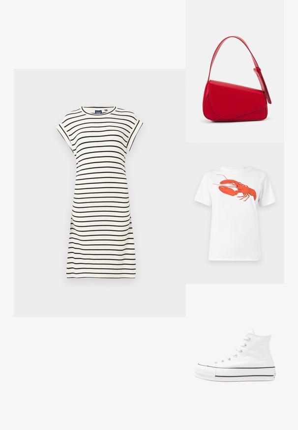 Īsām piedurknēm, apaļo kakla izgriezumu ar baltu krāsu un melnām horizontālām svītrām. Kokvilnas materiāls, brīvs piegriezums, līdz ceļiem garuma dizains. Vienkāršas šuvju detaļas.; Balta kokvilnas T-krekls ar lielu, spilgti sarkanu omāru grafiku uz priekšu. Īsas piedurknes un standarta apļveida kakla dizains.; Balti augstie kanvas sporta apavi ar melnu gumijas zoli, priekšējo gumijas purngalu un sešām acīm lencēm, kuriem ir tīrs, minimālistisks dizains.; Sarkans ādas rokassomi ar stūrainu, ģeometrisku dizainu. Iekļauj vienu regulējamu siksnu un vāku ar izšūtu detaļu.