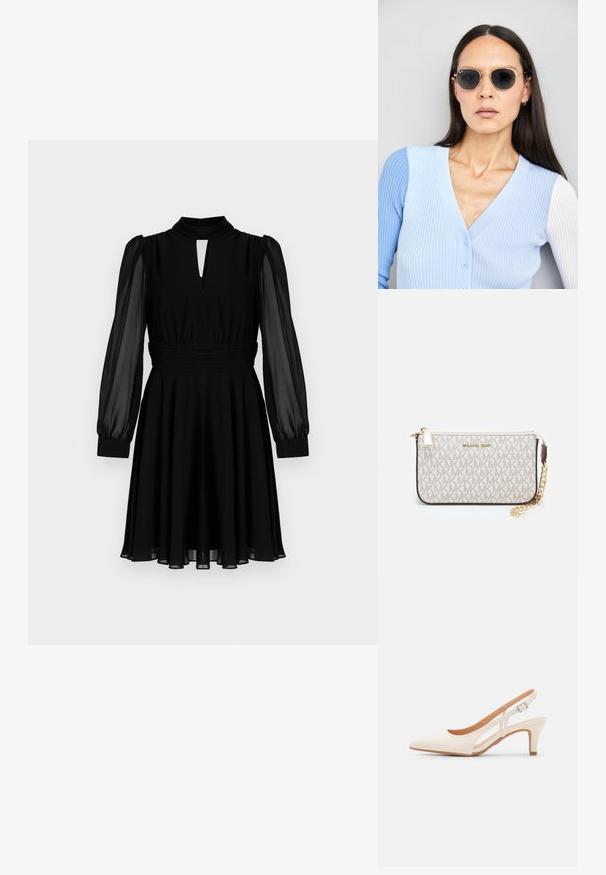 Černé šaty s dlouhými průhlednými rukávy, vysokým výstřihem, detaily ve tvaru klíče, nařaseným pasem a splývavými sukněmi, vyrobené z měkké, lehké látky.; Bílé lodičky na podpatku s špicatou špičkou, hladkým svrškem, nízkým blokovým podpatkem a designem s bočním výřezem se stahovací sponou.; Kulaté sluneční brýle s tmavými čočkami a zlatými rámy. Modelka má na sobě světle modrý žebrovaný kardigan s knoflíky a kontrastními bílými rukávy.; Kabelka na zápěstí Michael Kors v béžové potažené plátno s opakujícím se vzorem loga MK, zlatými kovovými doplňky a odnímatelným řetízkovým popruhem.