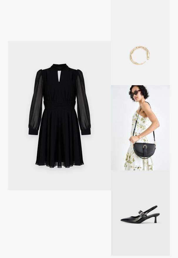 Juoda suknelė su ilgomis permatomomis rankovėmis, aukštu kaklu, raktų skylutės detalėmis, surinkta juosmeniu ir laisva sijonu, pagaminta iš minkštos, lengvos medžiagos.; Juodai lakuoti slingback aukštakulniai su smailiu kojų pirštu ir mažais blokiniais kulniukais, su sidabro sagtimi ant dirželio.; Juodas odinis krepšys su išlenkta forma, nuimamu dirželiu ir auksiniais detalėmis. Krepšys turi kilpą su sagtimi.; Auksinės spalvos žiedas, turintis organišką, sukimosi dizainą su lygiu paviršiumi ir siaurėjančiais galais, sukuriantis modernią skulptūrinę išvaizdą.