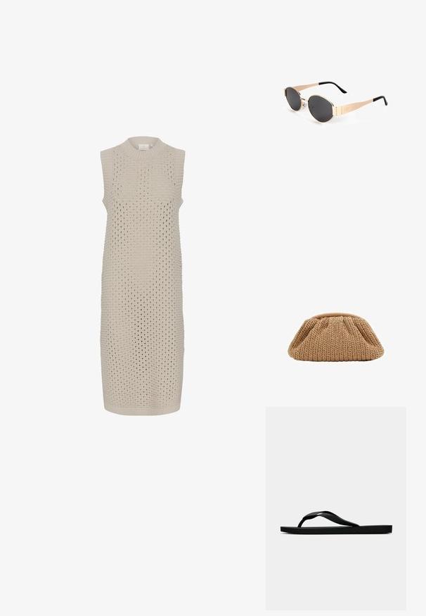 Gebreide mouwloze jurk in lichtbeige met een geweven openworkpatroon, voorzien van een ronde halslijn en rechte zoom, die een ontspannen pasvorm biedt.; Zwarte rubberen flip-flop sandaal met een getextureerde strap en een eenvoudige platte zool, zijaanzicht op een effen lichte achtergrond.; Gouden ovale zonnebril met donkere lenzen, met een slank ontwerp, dunne armen en een zwarte accent bij de slaap. Modelnummer L37.; Gehaakte beige clutch met een geraffineerd ontwerp en rond formaat, voorzien van een gestructureerde stofafwerking en een zachte opening aan de bovenkant.