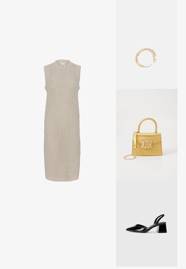 Pletena haljina bez rukava u svijetlo bež boji s reljefnim otvorenim uzorkom, koja ima okrugli izrez i ravni rub, osiguravajući ležeran kroj.; Crne lakirane kožne sandale s otvorenom petom i špicastim vrhom, s geometrijskom blok petom. Imaju elegantan, minimalistički dizajn i glatku teksturu.; Žuta torbica od umjetnog krokodila sa strukturiranim dizajnom, gornjom ručkom, odvojivim lančićem i dekorativnim kristalnim ukrasom na kopči.; Prsten u zlatnoj nijansi s organskim, uvijenim dizajnom, glatkom teksturom i suženim krajevima, koji stvara moderan, skulpturalni izgled.