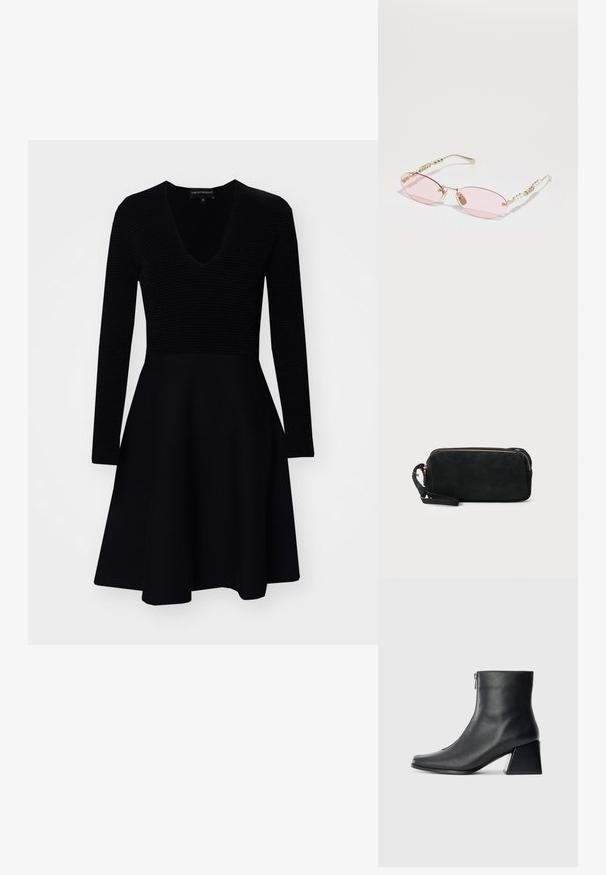 Vestido preto com corpete de mangas longas caneladas, decote em V profundo e saia rodada. Feito de um tecido suave e macio. Design simples.; Bota de tornozelo em couro preto com bico quadrado, fecho lateral e salto bloco contra um fundo claro plano.; Gucci Óculos de sol - gold-coloured/pink; Clutch bag preta em camurça, com fecho em zíper e alça de pulso removível. Apresenta acessórios em tom dourado e uma textura suave e fosca.