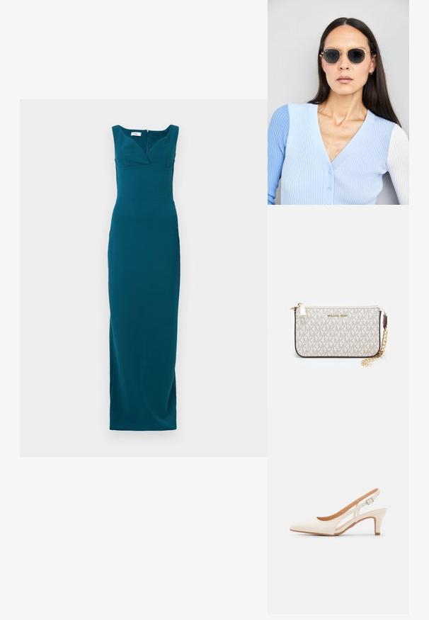 Rochie teal, până la podea, cu o siluetă ajustată, decolteu adânc și bretele late; material fin cu închidere cu fermoar la spate.; Sandaie cu toc alb, cu vârful ascuțit, material superior neted, toc mic tip bloc și design cu decupaj lateral, cu curea ajustabilă.; Ochelari de soare rotunzi cu lentile întunecate și rame aurii. Modelul poartă un cardigan ribbed de culoare albastru deschis cu nasturi și mâneci albe în contrast.; Clutch Michael Kors din canva acoperit bej, cu un model repetitiv al logo-ului MK, accesorii din aur și o curea cu lanț detașabil.
