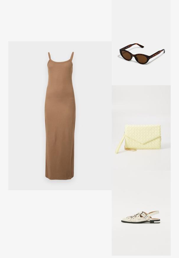 Barna bordás maxi ruha vékony pántokkal, testhezálló fazonban és sima textúrával. Egyenes szegélye a bokánál végződik.; Fehér bőr slingback szandál, több széles pánttal és ezüst csatokkal; lapos talp, kis fekete sarokkal és fémes díszítésekkel.; Barna teknősbéka napszemüveg vintage macska szemformával és barna lencsékkel. Íves karokkal rendelkezik, amelyek piros részletekkel vannak ellátva.; Sárga szőtt pénztárca, hajtogatott dizájnnal, levehető csuklópánttal és arany színű lánc díszítéssel. Simább textúra és téglalap alak.; Arany fülbevalók sima, fényes felülettel. Kör alakú dizájn, amely kis kapoccsal és átlátszó tartozékkal rendelkezik a biztonságos viselés érdekében.
