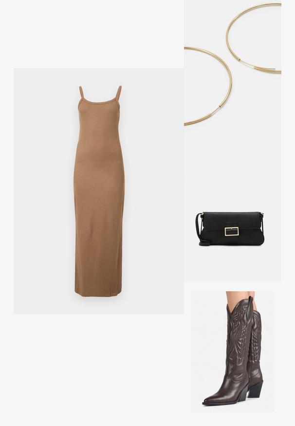 Braunes, geripptes Maxikleid mit dünnen Schulterträgern, figurbetontem Design und glatter Textur. Verfügt über einen geraden Saum bis zum Knöchel.; Braune Leder-Cowboy-Stiefel mit spitzem Punkt und Blockabsatz, die über detaillierte Stickereien und hervorgehobene Akzente am Schaft verfügen.; Schwarze Leder-Clutch mit Klappe und goldfarbenem Metallschnallen-Detail. Enthält einen schwarzen Riemen und ein schlankes, minimalistisches Design.; Goldfarbene Ohrringe in Form von dünnen, runden Kreolen, mit einer glatten, metallischen Oberfläche und ohne Verzierungen oder Muster.