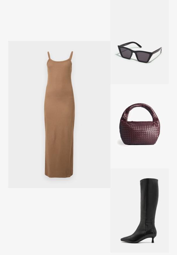 Ruskea ribbattu maksimekko ohuilla olkaimilla, muotoon puristava malli ja sileä pinta. Ominaisuuksiin kuuluu suora helma nilkassa.; Zign Saappaat - black; Mustat, kulmikkaat aurinkolasit harmailla linsseillä; valmistettu muovista, paksuilla varsilla, joissa on sileä pinta ja ilman näkyvää metalliosaa.; Punottu viininpunainen käsilaukku, jolla on pyöreä muoto, paksu kahva ja teksturoitu nahka. Ominaisuuksiin kuuluu sileä, kiiltävä pinta ja vetoketjukiinnitys.