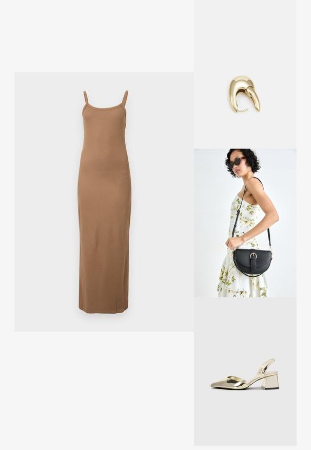 Pruun soonikkudega maksikleit, vormi rõhutanud disainiga ja siledast kangast. Omab sirget allääret pahkluul.; Kuldne, metallilised slingback-kudumid terava varba ja paksu kontsaga. Sile tekstuur, minimalistlik disain ja kitsas rihm.; Mustmust mustraha kõverate joontega, eemaldatava rihmaga ja kuldsete detailidega. Kotil on klapp, millel on pandladetail.; Kuldtooni metallist kõrvarõngas, millel on elegantne ja kaarjas disain. Omab silmapaistvat teravat kuju, poleeritud pinda ja hingesulgemist.