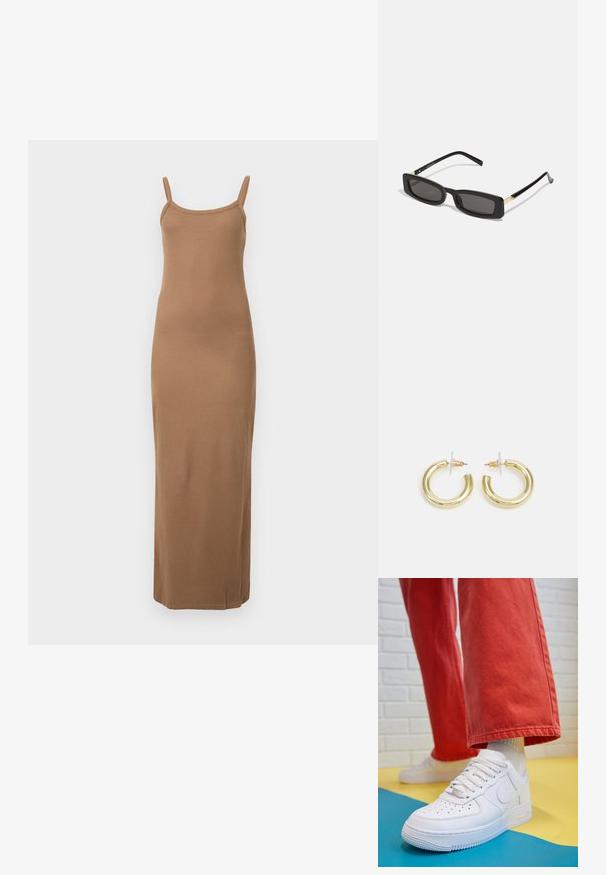 Braunes, geripptes Maxikleid mit dünnen Schulterträgern, figurbetontem Design und glatter Textur. Verfügt über einen geraden Saum bis zum Knöchel.; Weiße Leder-Sneaker mit perforiertem Zehenbereich, strukturiertem Sohlen und weißen Schnürsenkeln, kombiniert mit weiten roten Hosen und einem blauen und gelben Hintergrund.; Schwarze rechteckige Sonnenbrillen mit dunklen Gläsern, glänzenden Kunststoffrahmen und goldenen Akzenten an den Bügeln. Minimalistisches Design und schlanke Form.; Goldene Creolen mit einer glatten, glänzenden Oberfläche. Zirkuläres Design mit einem kleinen Stecker und einer klaren Rückseite für einen sicheren Sitz.