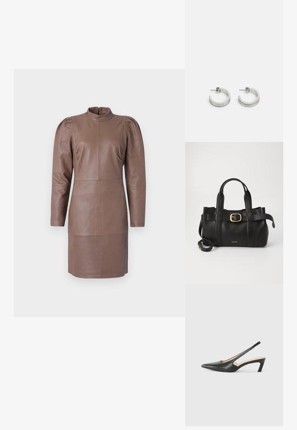 Vestido de cuero marrón con mangas largas, cuello alto, hombros abullonados y detalles de costura. Textura suave, corte a la altura de la rodilla.; Zapato negro de punta afilada tipo slingback con un tacón bajo, que presenta un material de cuero suave y un diseño recortado en el lateral para mayor transpirabilidad.; Bolso de cuero negro con un diseño estructurado, doble mango superior, detalle de hebilla en tono dorado y logo de la marca grabado en la parte frontal.; Pendientes de aro plateados con una superficie lisa y una fila de pequeñas piedras transparentes a lo largo del borde inferior, con cierre de perno.