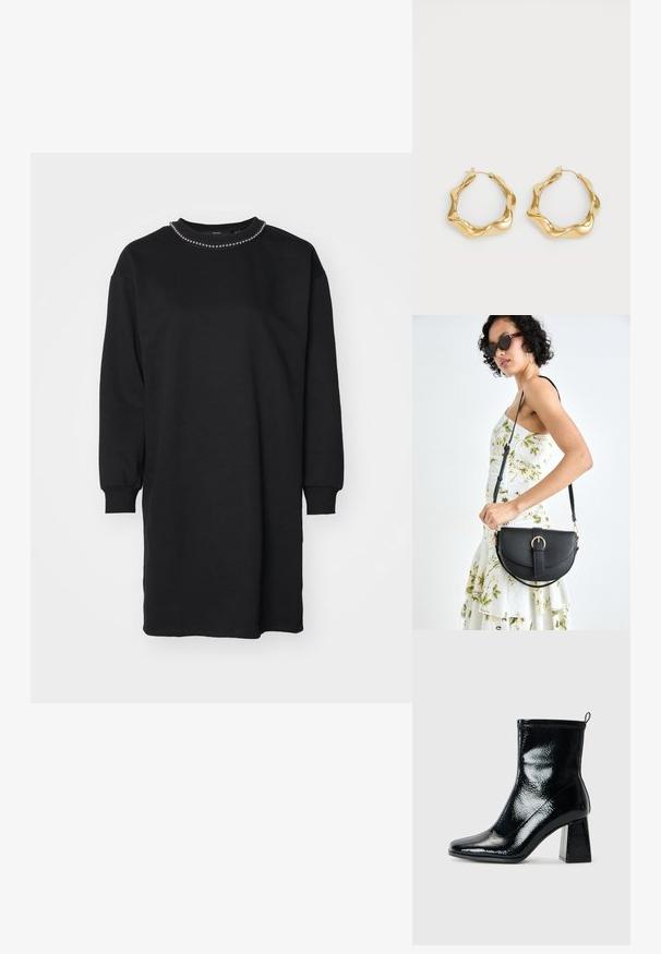 Crna haljina dukserica s dugim rukavima, zaobljenog dekoltea ukrašenog dekorativnim perlicama, izrađena od mekanog, teksturiranog materijala.; Crne lakirane čizme do gležnja sa četvrtastim prstom i masivnom geometrijskom petom. Imaju glatku, sjajnu teksturu i stražnju traku za lakše obuvanje.; Crna kožna torba s lukovitim oblikom, odvojivim remenom i zlatnim detaljima. Torba ima preklop s kopčom.; Zlatne naušnice s obručem s valovitim, teksturiranim dizajnom. Imaju tanku žičanu kopču i poliranu, reflektirajuću površinu.