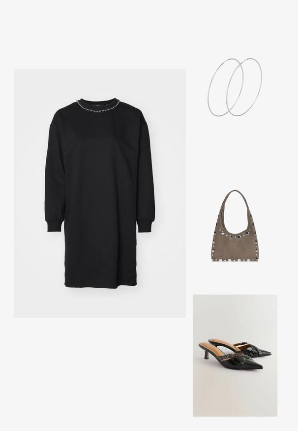 Črna pulover obleka z dolgimi rokavi, zaobljenim ovratnikom okrašenim z okrasnim beadingom, izdelana iz mehke, teksturirane tkanine.; Črne usnjene sandalske pete s oblikovanim prstom, ki vključujejo dekorativne trakove in očične detajle, na zmerni stiletto peti. Gladka tekstura.; PULL&BEAR SHOPPER - Torba za nakupovanje - grey; Srebrne uhane v obliki obroča z minimalističnim dizajnom. Krožna oblika, gladka tekstura in tanek profil. Lahki s poliranim zaključkom.