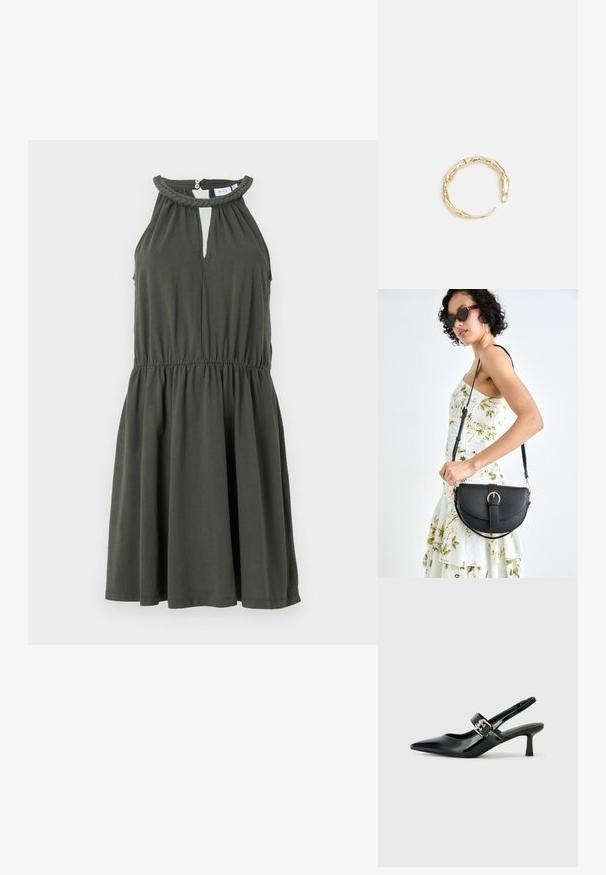 Olivgrön ärmlös klänning med nyckelhålsringning, fläta vid kragen och elastisk midja, med en utsvängd kjol och mjuk, slät textur.; Svarta patentläder slingback-klackar med spetsig tå och en liten blockklack, med en silvrig spänneaccent på remmen.; Svart läderhandväska med en böjd form, avtagbar rem och guldiga detaljer. Väskan har ett lock med en spänndetalj.; Ring i guldutförande med en organisk, vriden design, slät yta och avsmalnande ändar, vilket ger ett modernt, skulpturalt utseende.
