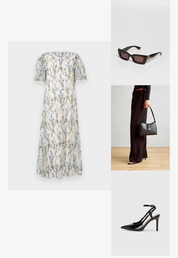 Prozračna bela obleka s cvetnim vzorcem modrih in bež cvetov, kratkimi napihnjenimi rokavi in A-linijo. Dekorativna vezenina po celotni obleki.; Črne lakaste usnjene čevlje na visoki peti z odprtim petnim delom, usnjeni trak za prilagoditev okrog gležnja in z ozkimi stranskimi odprtinami. Gladka tekstura.; Črne želvje sončne očala s pravokotnimi lečami, rjavim odtenkom, debelim okvirjem in zlatim dvojnega G logotipom na obročku.; Črna torbica z strukturirano obliko, gladko teksturo in kovinskim zaponko. Ujemajo se z širokimi črnimi hlačami in odprtimi sandali na lesenem tleh.