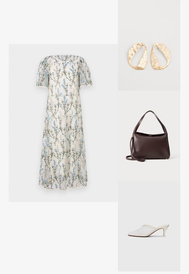 Przezroczysta biała sukienka z kwiatowym wzorem w niebieskie i beżowe kwiaty, z krótkimi bufkami i w kształcie litery A. Dekoracyjna haftowana aplikacja na całej powierzchni.; Białe melanżowe mule z ostro zakończonym noskiem, o smukłym średnim obcasie i wsuwanej konstrukcji na jednolitym tle.; Brązowa skórzana torebka o uporządkowanym kształcie, z pojedynczym uchwytem u góry i odczepianym paskiem na ramię. Złote detale metalowe.; Para nieregularnych, owalnych kolczyków ze złotego metalu o teksturowanej, lekko młotkowanej powierzchni na białym tle.