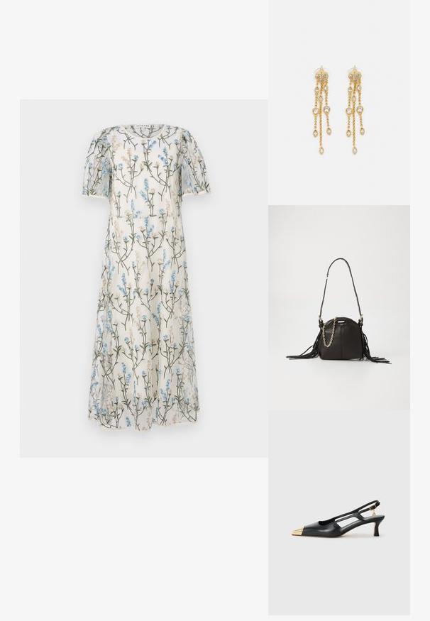Durchscheinendes weißes Kleid mit floralen Mustern in Blau und Beige, kurzen Puffärmeln und A-Linien-Form. Dekorative Stickereien überall.; Schwarze Leder-Slingback-Schuh mit spitzem Zeh und goldfarbener Metallic-Kappe. Verfügt über ein Ausschnittdesign und einen schlanken Absatz mit verstellbarem Riemen.; Schwarze Lederhandtasche in runder Form, mit Fransenakzenten, einem langen Schultergurt und einem goldenen Kettendetail.; Goldtonige Ohrringe mit mehreren kaskadierenden Ketten, verziert mit klaren ovalen Strasssteinen und dekorativen Ohrsteckern.