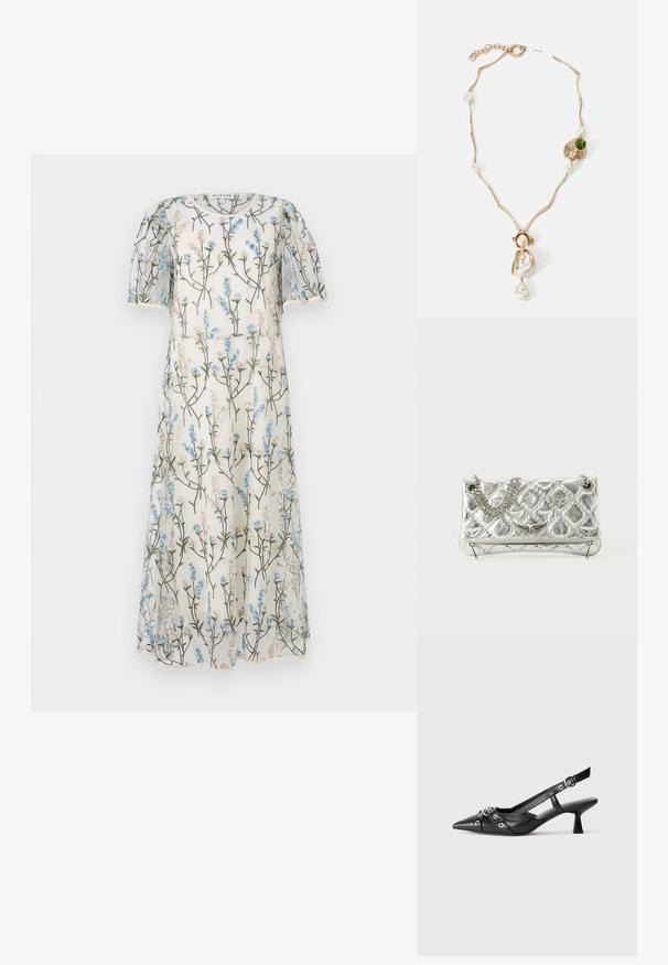 Vestido blanco translúcido con un patrón floral de flores azules y beige, mangas cortas abullonadas y forma A. Bordado decorativo en todo el vestido.; Zapato de slingback negro de piel con punta afilada, correas decorativas con ojales de metal y un tacón bajo y ancho. Superficie texturizada.; Bolso de mano metálico plateado con asa de cadena, textura acolchada, costura decorativa y cierre de cremallera. Presenta detalles en relieve en la parte frontal.; Collar de tono dorado con eslabones retorcidos, perlas blancas y un acento de piedra verde. Presenta detalles intrincados y un broche para su cierre.