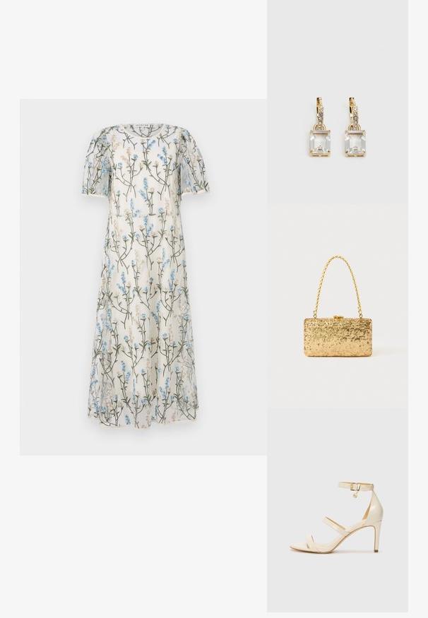 Kergelt läbipaistev valge kleit, millel on lillemuster siniste ja beežide lilledega, lühikesed puffi varrukad ja A-line kujundus. Dekoratiivne tikand kogu kleidi ulatuses.; Bežid kõrge kontsaga sandaalid koos õhukese pahkluu rihmaga ja kahe ülemise rihmaga. Läikiv lakkviimistlus ja kuldne detail pahkluurihmadel.; Kullatud kaunistustega kott ristküliku kujuga, millel on keeratud ahelast käepide ja metallist lukuga sulgur, peegeldades valgust tekstuurse viimistlusega.; Kuldtooni kõrvarõngad, millel on ristkülikukujuline, selge kristall, mis ripub allapoole väikeste ümmarguste selgete aktsentide rida. Viimistletud, kaasaegne disain.