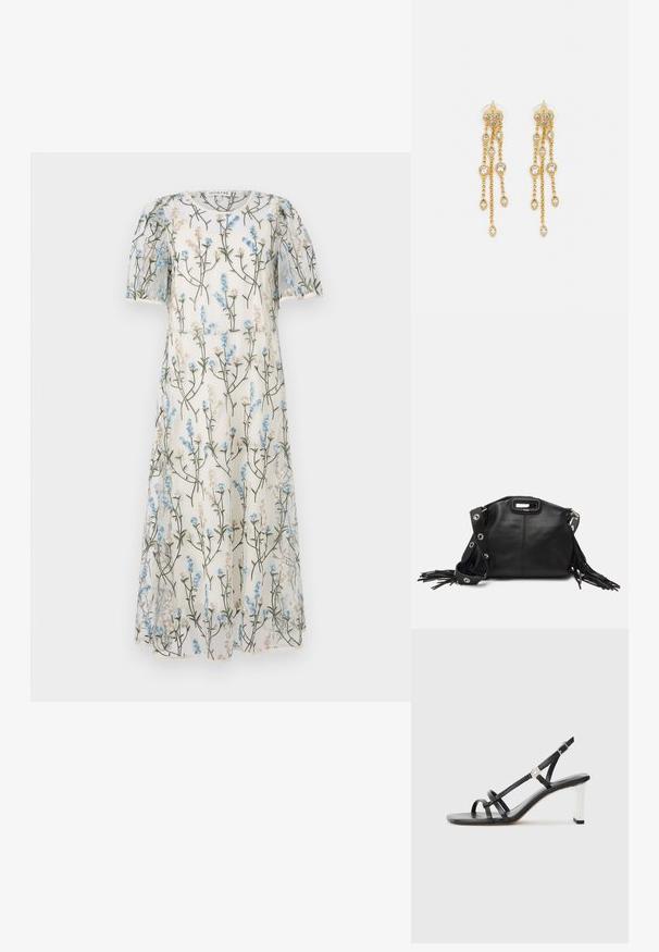 Kergelt läbipaistev valge kleit, millel on lillemuster siniste ja beežide lilledega, lühikesed puffi varrukad ja A-line kujundus. Dekoratiivne tikand kogu kleidi ulatuses.; Mustad musta värvi kontsaga sandaalid mitme kitsaste rihmaga, slingback disainiga ja hõbedase aktsendiga kontsal. Sile ülemine materjal ja kvartskonts.; Maje MISS MINI - Ülerinna-kott - noir; Kuldne tooni kõrvarõngad mitme voolava ahelaga, millel on selged ovaalsed rhinestone aktsendid ja dekoratiivsed stud-tippud.
