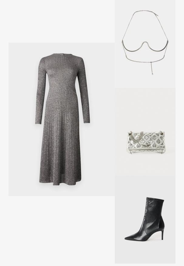 Dolga majica, rebrasta obleka iz srebrno-sive tkanine s prilagojenim korpusom in razširjenim krilom, z okroglim izrezom in subtilnim leskom.; Črne gležnjarje iz gladke usnje, s koničastim nosom, oprijetim okovjem in ozkim visokim peto. Minimalističen dizajn brez vidnih kovinskih delov.; Srebrna metalna torbica z verižnim ročajem, prešita tekstura, dekorativno šivanje in zadrga. Ima embosirane dodatke na sprednji strani.; Cult Gaia ASHA BODY JEWELRY - Drugi dodatki - bright shiny silver-coloured