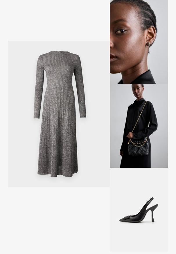 Vestido de manga longa em tecido cinza-prateado, com um corpete justo e uma saia godê, apresentando um decote redondo e um brilho subtil.; Sapato slingback de couro preto com bico fino, salto alto esbelto e um detalhe decorativo em forma de laço. Textura suave e design elegante.; Bolsa de mão preta de couro acolchoado com uma parte superior franzida, alça de corrente dourada e forma retangular, sustentada contra um fundo liso.; Os brincos de flor em ouro apresentam um centro texturizado em preto e detalhes delicados. A pele clara da modelo e o seu cabelo trançado são visíveis de lado.