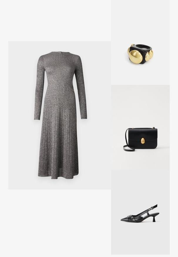 Vestido de manga longa em tecido cinza-prateado, com um corpete justo e uma saia godê, apresentando um decote redondo e um brilho subtil.; Sapato slingback em couro preto com biqueira fina, tiras decorativas com ilhós de metal e um pequeno salto quadrado. Superfície texturizada.; Bolsa de mão em couro preto com uma forma rectangular estruturada. Apresenta um fecho oval dourado e uma alça para o ombro fina. Textura suave.; La Manso SQUARE - Anel - black