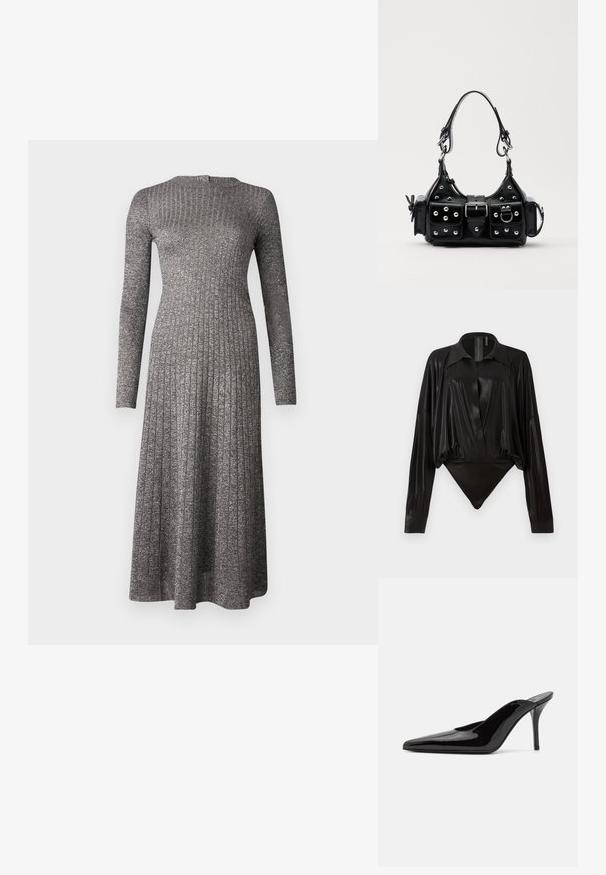 Długo rękawowa, prążkowana sukienka z materiału w srebrno-szarym kolorze z dopasowanym gorsetem i rozkloszowaną spódnicą, z okrągłym dekoltem i subtelnym połyskiem.; Czarny bodysuit z długimi rękawami, dekoltem w serek i dopasowanym fasonem. Wykonany z błyszczącego, gładkiego materiału z usztywnionym kołnierzykiem i mankietami.; Czarne lakierowane mule na wysokim obcasie z wąskim noskiem i elegancką sylwetką, charakteryzujące się otwartym tyłem i smukłym szpilką.; Czarna skórzana torebka w zakrzywionym kształcie, z srebrnymi ćwiekami, klamrą i dwoma bocznymi kieszeniami. Regulowany pasek umożliwiający różne opcje noszenia.