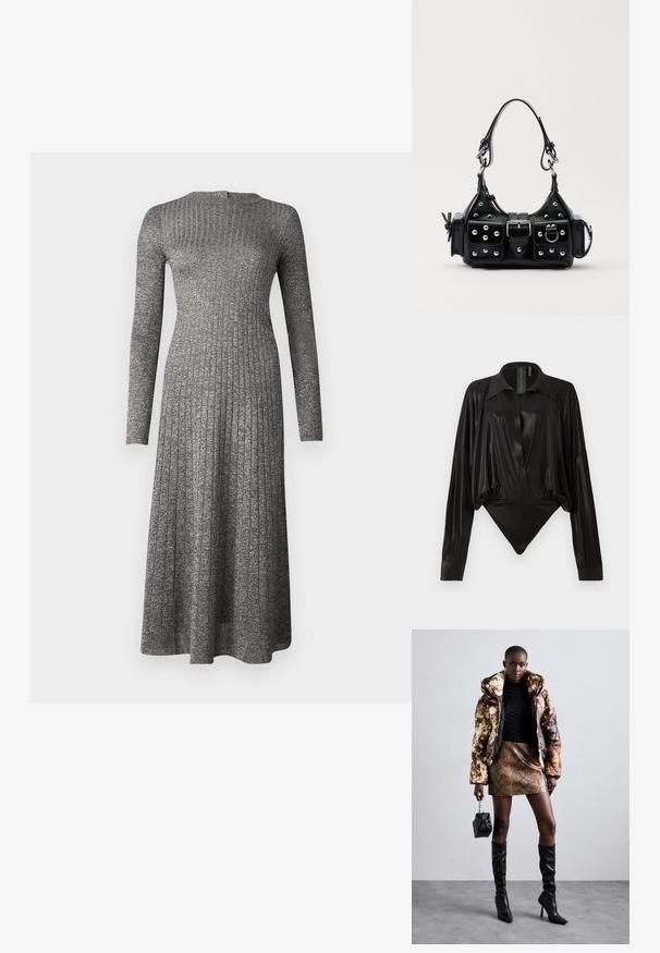 Ezüstszürke, hosszú ujjú, bordás ruha, amely szűk fazonú felsőrésszel és bővülő szoknyával rendelkezik, kerek nyakkivágással és enyhe fénylő hatással.; Fekete egyrészes ruházat hosszú ujjakkal, V-kivágással és testhez simuló fazonnal. Fényes, sima anyagból készült, strukturált gallérral és mandzsettákkal.; Barna és fekete mintás puffjú dzseki, barna kígyóbőr mintás mini szoknyával, fekete térdig érő csizmával és egy kicsi fekete táskával párosítva.; Fekete bőr kézitáska ívelt designnal, ezüst szegecsekkel, csattal és két oldalsó zsebbel. Állítható vállpánt a hordozási lehetőségekhez.