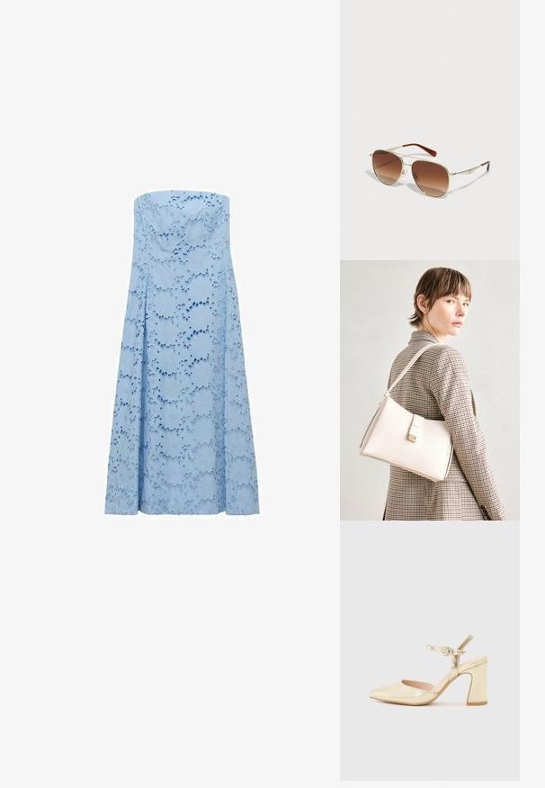 Rochie fără bretele de culoare albastru deschis, realizată dintr-un material texturat, cu modele florale decupate, design fluid care se desfășoară până la podea. Fără închideri vizibile.; Pantof metalic auriu cu toc, varf ascutit, curea pentru glezna cu un sistem de prindere circular si un design cu toc chunky. Textura neteda.; Ochelari de soare cu ramă din metal aurit, dotati cu lentile maro cu degrade. Au o formă geometrică unică și accente maro pe brațe. Design ușor.; Geantă de mână din piele albă cu un design structurat, având o închidere magnetică și un breteau, expusă pe un fundal neutru.