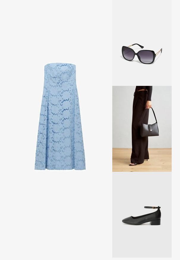 Svijetloplava haljina bez naramenica izrađena od teksturirane tkanine s cvjetnim izrezbarenim uzorcima, lepršavog dizajna do poda. Nema vidljivih kopčanja.; Crne kožne pumpe s oštrim vrhom i niskom blok petom. Sadrže remen oko gležnja s zlatnim kopčanjem. Glatka tekstura.; Crne prevelike sunčane naočale s gradijentnim lećama, debelim okvirom i zlatnim lancem kao detaljem na krakovima.; Crna torba s oblikom koji sadrži strukturu, glađu teksturu i metalnu kopču. Uparena s širokim crnim hlačama i sandalama na otvorenom s drvenog poda.
