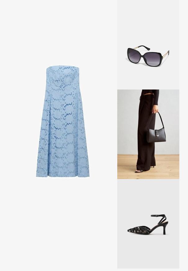 Svetlomodré bezramienkové šaty z textúrovanej látky s kvetinovými výrezmi, plynulý dizajn siahajúci až na zem. Žiadne viditeľné zapínanie.; Čierne polokozačky s špicatou špičkou, zdobené čiernymi a striebornými flitrami, s tenkým remienkom na členku a prackou.; Čierne oversized slnečné okuliare s gradientovými sklíčkami, hrubými rámami a zlatým retiazkovým detailom na stranách.; Čierna kabelka so štruktúrovaným tvarom, hladkou textúrou a kovovou sponou. V kombinácii so širokými čiernymi nohavicami a sandálmi s otvorenou špičkou na drevenej podlahe.